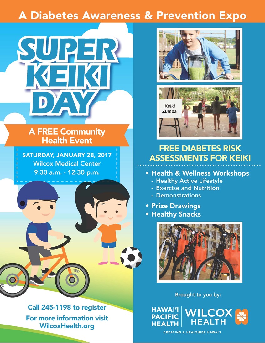 A free diabetes health & wellness expo. Saturday, January 28, 9:30 am - 12:30 pm. Wilcox Medical Center. 