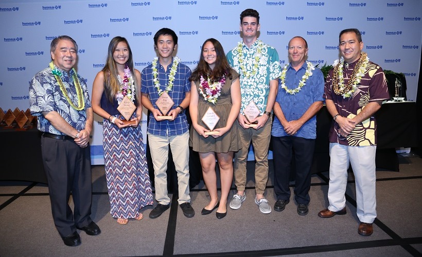 Interscholastic League of Honolulu (ILH) scholarship and school winners with HMSA's Executive Vice President and Chief Health Officer Dr. Mark Mugiishi (left to right):  1. Dr. Mark Mugiishi 2. Kacey Wong, Sacred Hearts Academy 3. Devin Eng, Mid-Pacific Institute 4. Kiarah Gomard, Sacred Hearts Academy 5. Dave Kannewurf, Athletic Director - Le Jardin Academy 6. Deren Oshiro, Athletic Director - Hawaii Baptist Academy