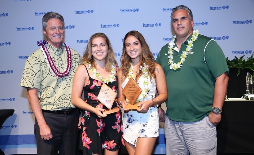 Kauai Interscholastic Federation (KIF) scholarship and school winners with HMSA's Executive Vice President and Chief Consumer Officer Tim Johns (left to right):  1. Tim Johns 2. Carolyn Price, Island School 3. Vanessa Hernandez Jimenez, Kapaa High School 4. Gregory Gonsalves, Athletic Director, Kapaa High School