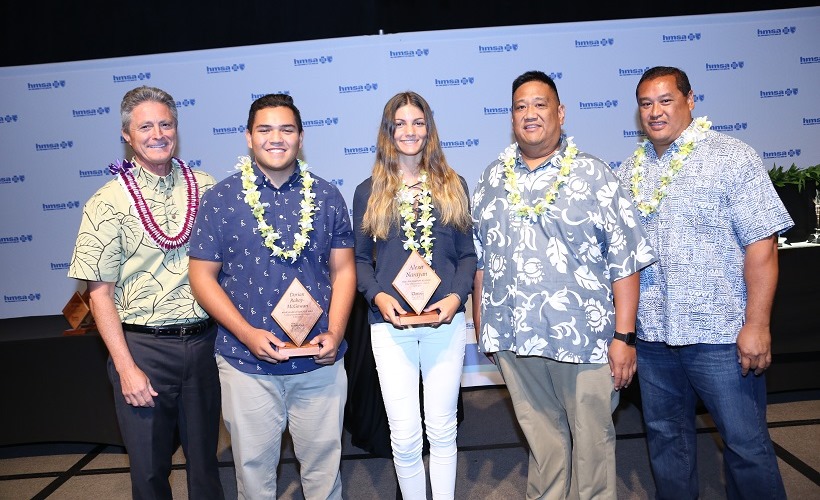 Maui Interscholastic League (MIL) scholarship and school winners with HMSA's Executive Vice President and Chief Consumer Officer Tim Johns (left to right):  1. Tim Johns 2. Dorian Raboy-McGowan, Kamehameha Schools Maui 3. Alexa Narayan, Maui Preparatory Academy 4. Roderick Sumagit, Athletic Director - Lanai High & Elementary School 5. Jon Viela, Athletic Director - Kamehameha Schools Maui