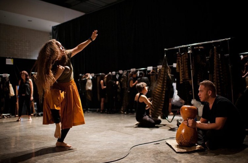 Manaola Yap and his sister Asialynn rehearse backstage before performing the powerful oli and hula kahiko which opened their Honolulu Fashion Week runway show. Photo credit: @manaolahawaii (https://instagram.com/p/BX7NYQFllD1/)