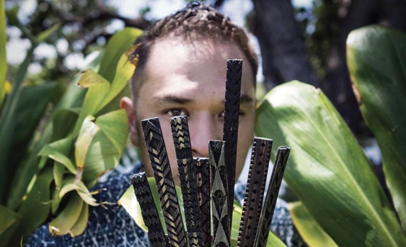 Textile art is Manaola Yap's main inspiration. He uses the ohe kapala (bamboo stamp) to create repetitive designs for his fashion brand Manaola Hawaii. Photo credit: @manaolahawaii (https://instagram.com/p/BSXKiQOD8Z_/)