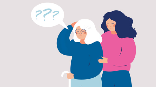drawing of a younger woman helping an elderly woman with a thought bubble and question marks above the elderly woman's head