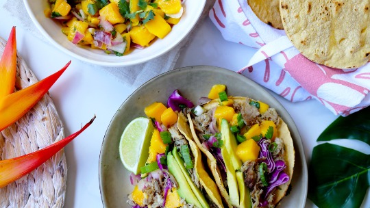 a plate of two freshly made kalua pork carnitas sits on a white marble counter surrounded by a big bowl of mango salsa, a platter of charred corn tortillas and tropical flowers